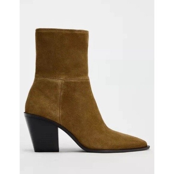 ZARA Women Square Toe Topstitched Split Suede Ankle Boots Brown US 9 EUR 40 - Picture 1 of 14